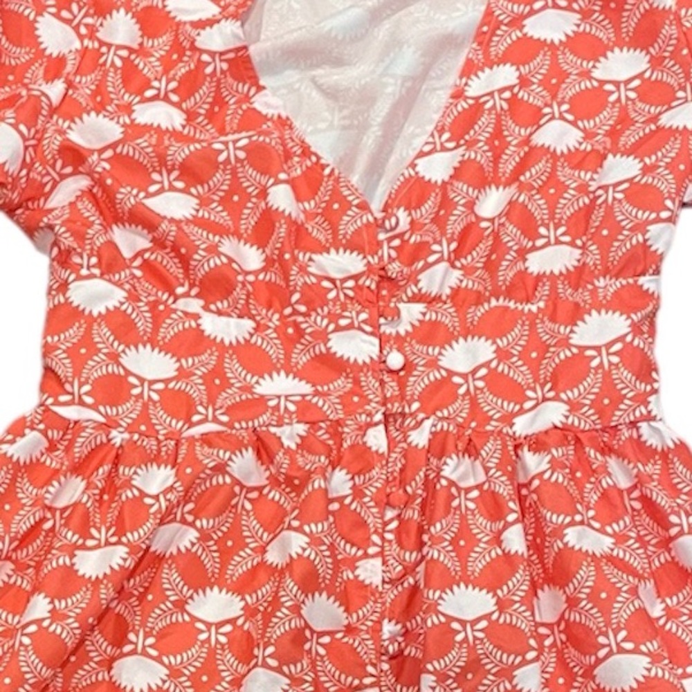 Coastal grandma orange white floral button puff sleeve flowy maxi grandmacore - Picture 3 of 6